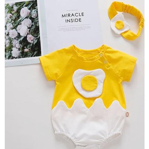 2021 Newborn Baby Girl Clothes Egg Pattern Bodysuits Cotton Boy Clothes Fashion Short Sleevel Jumpsuits Bodysuits with Headband