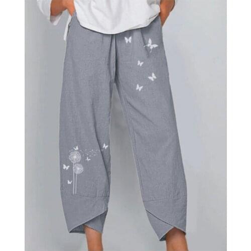 Ladies Summer Fashion New Style Dandelion Butterfly Print Solid Color Elastic Waist Pants Casual Loose Straight Wide Leg Pants