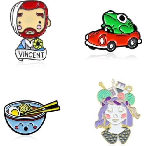 A bowl of egg noodles Artist Van Gogh VINCENT Knitted decorative queen Frog driving red car Fun creative personality brooch