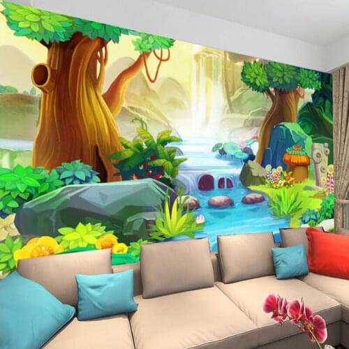 Dropship Custom 3D Mural Wall Paper Cartoon Big Tree Forest River Wall Mural Kids Room Bedroom Living Room Jungle Wallpaper