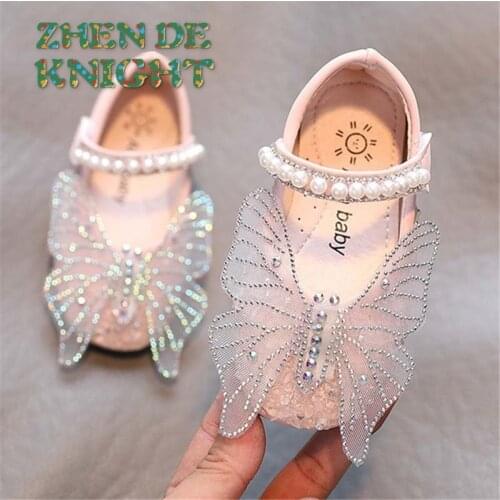 Kids Leather Shoes for Wedding Party Performance Lace Butterfly Rhinestone Bling Pearls Beading Toddlers Baby Girls Shoes
