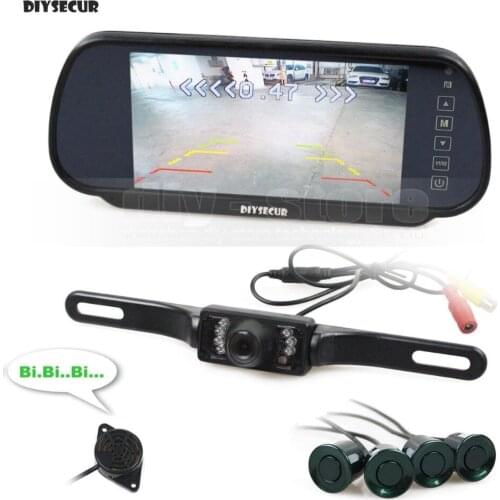 DIYSECUR 7inch Rear View Car Mirror Monitor + 18 Colors Video Parking Radar + IR HD Car Camera Parking Assistance System