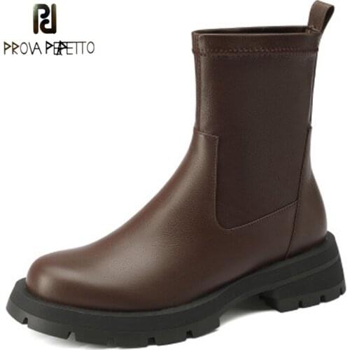 Thick-soled Elastic Short Boots Womens Mid-heel Autumn and Winter New Simple and Comfortable Short-tube Cowhide Boots