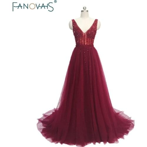FIDDY898 Sexy Evening Dresses Long Deep V-Neck Beaded Bodice with Slit Tulle Plus Size Prom Dress Long Vestido de Fiesta BT03