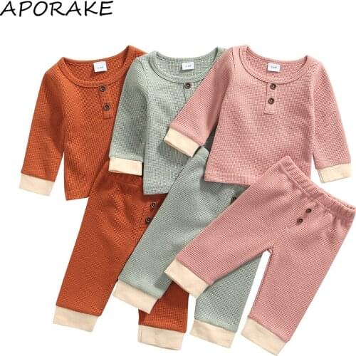 2021 3-24M Infant Baby GIrl Boy Clothes Set Spring Fall Button Patch Long Sleeve T-shirt Top+Pants Casual Cotton Outfits 2pcs