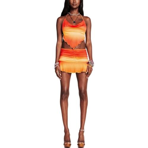 Sexy Summer Fashion Women Mini Skirt Gradient Color Fold Decoration High Waist Version Ladies Trendy Clothing