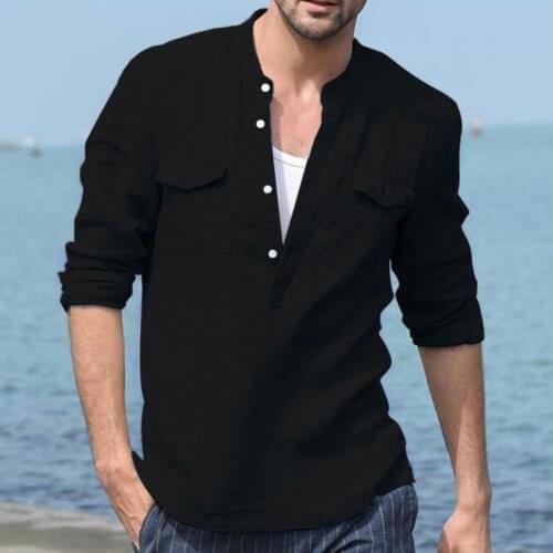 Men Long Sleeve Stand Collar Solid Color Shirt Slim Fits V Neck Pockets Pullover Moisture-wicking Beach Shirts for Vacation