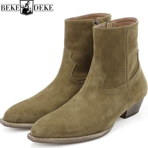 Autumn Winter Zipper Chelsea Boots Men Runway Fashion 2019 Suede Leather Square Toe Ankle Boots British Cowboy Shoes Plus Size