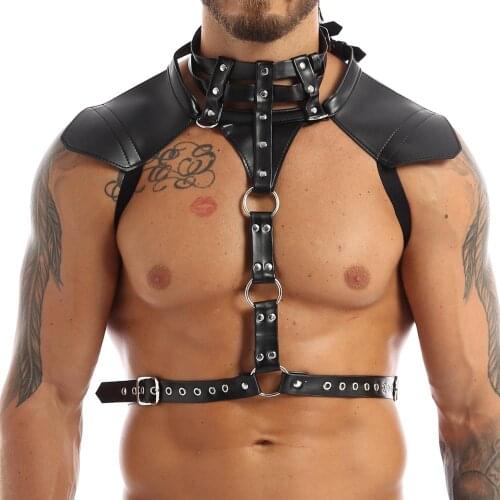 Harness Mens Lingerie Leather Halter Neck Adjustable Buckles Body Chest Harness Belt with Metal O-rings Fancy Sex CosplayCostume