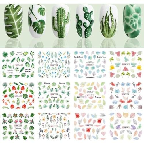 12 pcs Nail Stickers Set Mixed Flower Maple Leaf Geometric Nail Art Water Transfer Decals Sliders Floral Manicures Decoration
