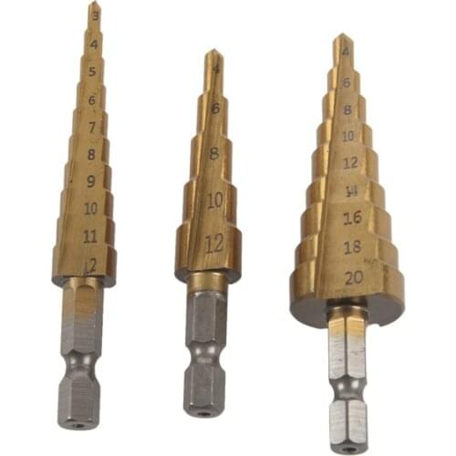 1/4-inch Hex Shank 3-12 4-20 4-12mm Titanium Coated Step Drill Bit Set
