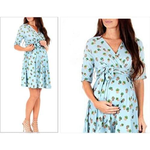 2021 New Maternity Dress Short-Sleeved Maternity Dress Fashion Sweet Pineapple Printed Loose and Plus-sized Maternity Dress