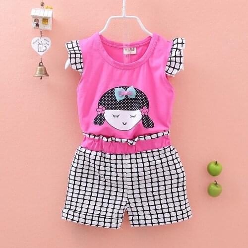 Baby Girl Clothes Summer 2020 New Leisure Cartoon Girl Tank Top + Plaid Short Infant Clothing Outfits Kids Bebes Jogging Suits
