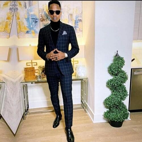 YIWUMENSA Navy Blue Tailor-Made Groom Wear Men Suits For Wedding 2 Pieces Plaid Check Jacket With Pants Slim Fit Business Gowns