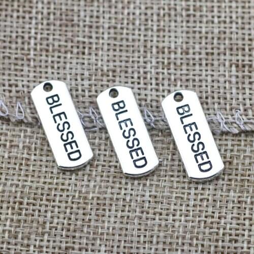 20 Pieces 21x8mm Antique Silver Color Blessed Charms Lettering Keychains For DIY Jewelry Making