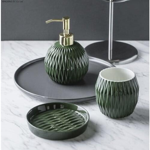 Nordic Bathroom, Dark Green Ceramic Embossed Diamond Shape, Soap Dispenser, Soap Dish, Mouthwash Cup, Bathroom Supplies, Set