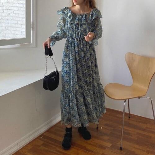 Snordic Women Autumn Slash Neck Elastic High Waist Long Floral Dress Vintage Ruffle Hem Midi A-line Dresses