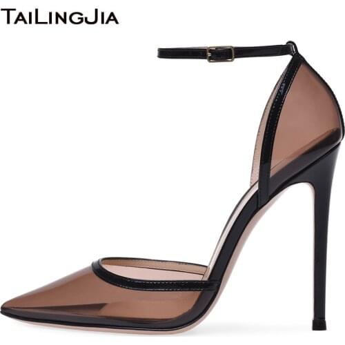 Tailingjia Pointed Toe Clear PVC Transparent Pumps Sexy Stilettos High Heels Fashion Buckle Strap Party Wedding Dress Plus Size
