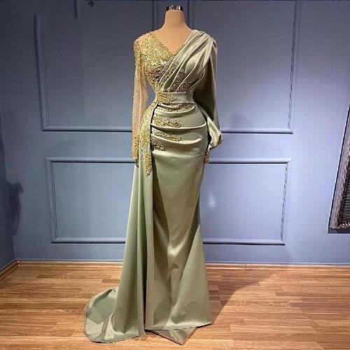 Mint Green Mermaid Prom Dresses Beaded V Neck Long Sleeve Evening Gowns Party Dress Special Occassion robe de soiree