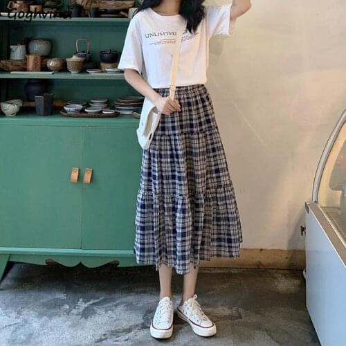 Skirts Women Pleated Loose Summer Fashion Vintage Elegant College High Waist Plaid Patchwork All-match Streetwear Female Simple