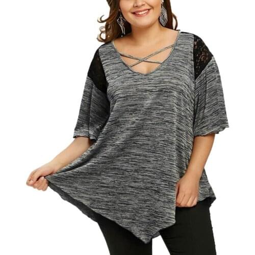 Casual Loose Womens T Shirt Short Sleeve V-Neck Criss Cross Irregular Hem Tops Back Lace Patchwork Plus size tops