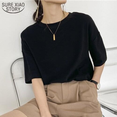 Round Neck Simple Solid Bottoming Shirt Candy Colors Fashion Summer Loose Oversize Cotton Short Sleeve Womans Shirts 9669