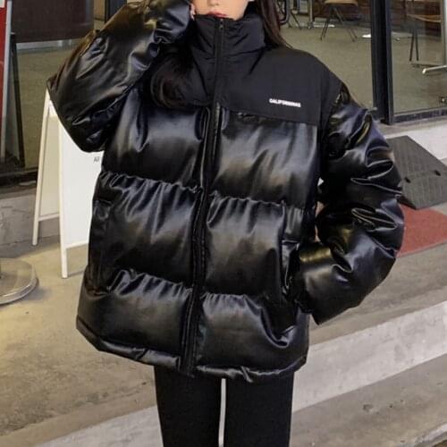 Winter Jacket Women Cotton PU Leather Puffer Smooth Fabric Spliced 2021 New Loose Black Warm Streetwear Fashion Bubble Coat
