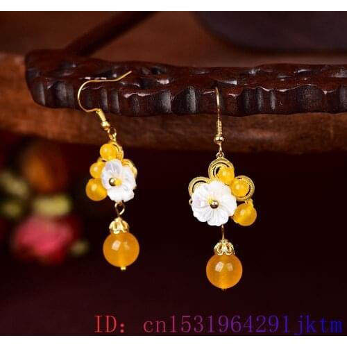 Yellow Jade Flower Earrings 925 Silver Jewelry Women Gemstone Natural Amulet Crystal Gifts Charm Fashion Chalcedony Zircon