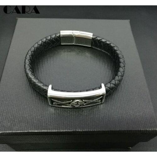 2019 pirate 316L Stainless Steel Bangle Men Leather Cord Bracelet&Bangle Black Color Leather Bracelet For Men Wristband CARA0051