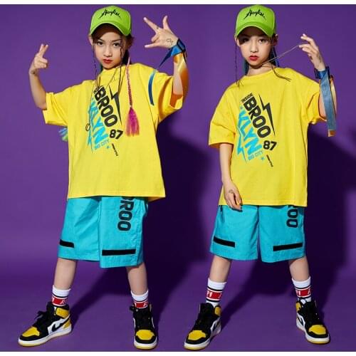 2021 New Children Jazz Dance Costumes For Girls Summer Short Sleevd Loose Shorts Ballroom Hip Hop Dance Rave Clothes DQS6995