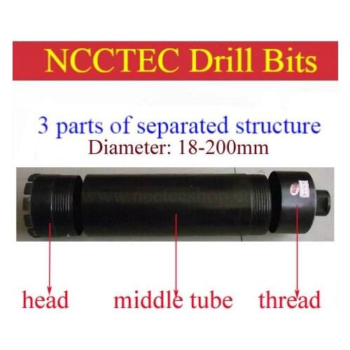 40mm*370mm crown diamond drilling bits with separated structure | 1.6'' core bits with 3 parts of head,middle tube and thread
