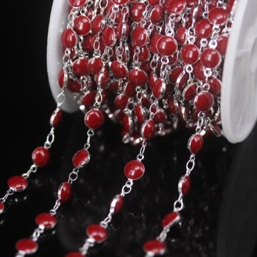 5Meter/Lot Silver Plated Copper Rosary Chain,Red Lampwork Beaded,6mm Enamel Glass Flat Coin Bead Chains,DIY Bracelet Necklaces