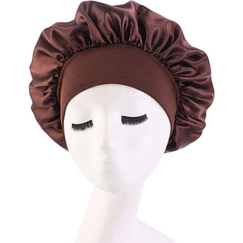 Satin Silky Bonnet Sleep Cap With Elastic Band 2021 Women Solid Coler Wide-brimmed Hair Band Sleep Caps Nightcap Night Hat A40