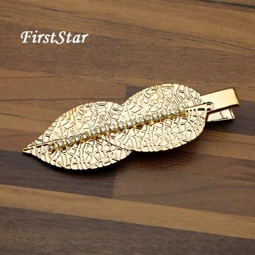 FirstStar Vintage Women Diamante Hair Accessories Double Leaves Gold Metal Hair Clip Fancy Rhinestone Crystal Barrette Hairpins