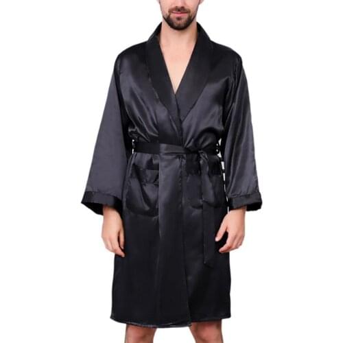 Fashion Robes Men Summer Imitation Silk with Pockets Waist Belt Bath Robe Home Gown Sleepwear Mens Sleep Lounge пижама мужская