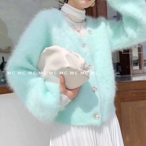 V-Neck Thick Mink Velvet Mohair Knit Cardigan Cashmere Sweater Coat Single-breasted Jacket OL Lantern Sleeve Tops Mujer Sueter