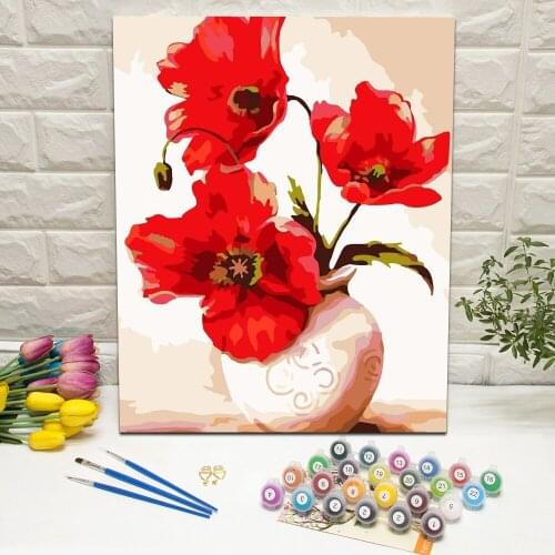 Framed Oil Painting of Red Flower Vase by Number Hand Painted Canvas Wall Art For Living Room Decoration Wall Art 40x50cm