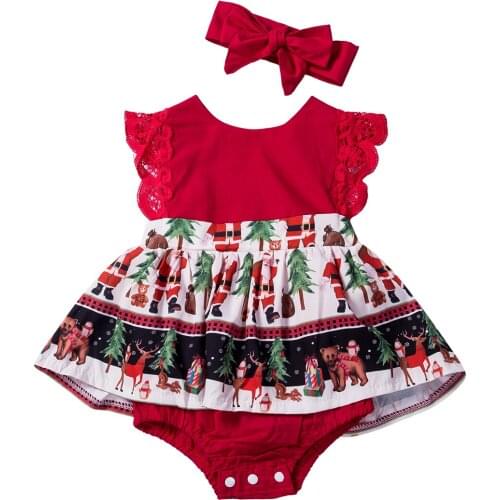Christmas Toddler Baby Girls Santa Romper Dress Lace Sleeve Ruffles Jumpsuits Claus Print Playsuit Dress+Headband
