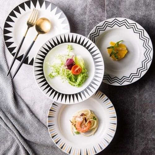 Creative Ceramics Plate Black White Geometric Patterns Round Fruit Vegetable Steak Western Food Plates Dishes Dinnerware 8 Inch