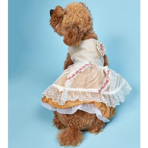 Pet Dog Wedding Dress with Rose Decoration Puppy Floral Embroidery Lace Dresses for Summer