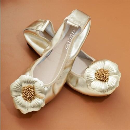 AUCVEE Flats Boat Shoes Woman Flower Real Cow Leather Ladies Ballet Flats Shallow Mouth Female Flats Loafers Footwear US Size 13