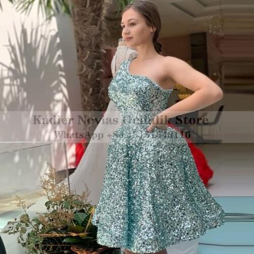 One Shoulder Long Sleeves Mini Sequin Lace Prom Dresses 2021 Evening Club Party Cocktail Dress