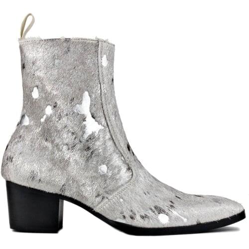 Men Chelsea Ankle Boots Genuine Horse Leather Horse Hair Leopard Boot with Side Zipper Heel Boots designer footwear Color Silver