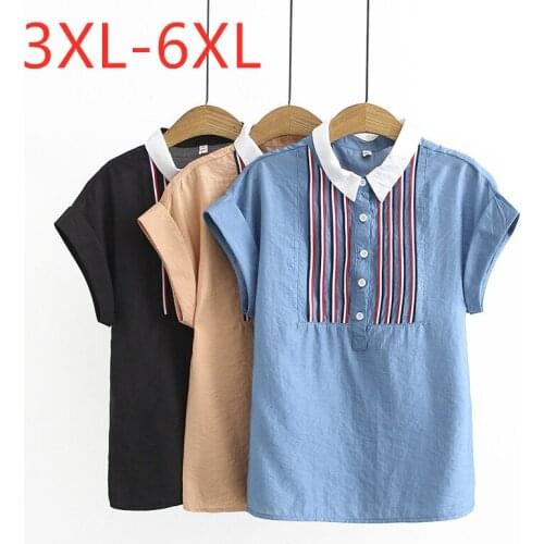 New 2021 summer plus size tops for women large blouse short sleeve casual loose cotton button stripe shirt blue 3XL 4XL 5XL 6XL