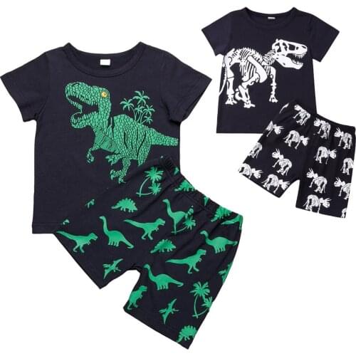 2-7Y Summer Casual Infant Kids Baby Boys Clothes Set 2PCS Dinosaur Print Short Sleeve T-Shirts Tops+Shorts