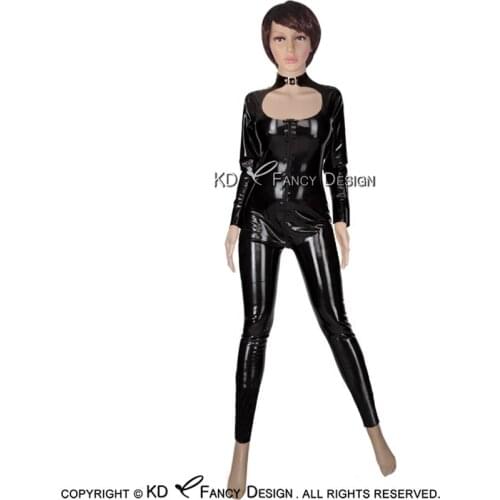 Black Sexy Latex Catsuit With Buckles Front To Crotch Zipper Rubber Body Suit Catsuit Bodysuit Zentai Overall Cat Suit LTY-0048