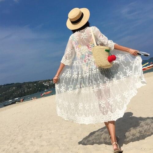 Korea Lace Cover Up Women White Beach Dress Ladies Bikini Cover Up Summer Boho Dress Sexy See Through 3/4 Sleeve Mesh Cardigan