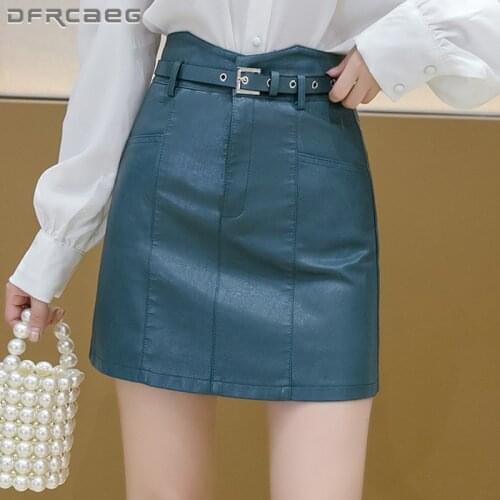 High Waist Casual PU Leather A- line Skirt With Belt Autumn Winter 2021 Fashion Sexy Slim Lady Short Skirt Bodycon Faldas
