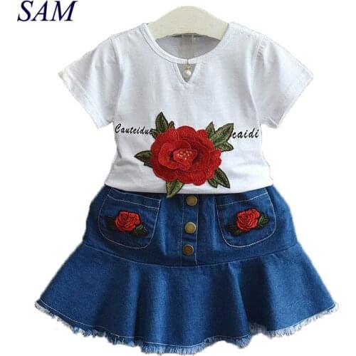 2019 casual girls clothing sets childrens flower short sleeve tops + Denim print skirt 2 pcs suit kids clothes