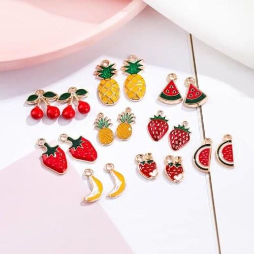 Mixed 10pcs Enamel Fruit Watermelon Cherry Beads Charms Pendants DIY Earrings Neacklace Bracelet Jewelry Making Accessaries